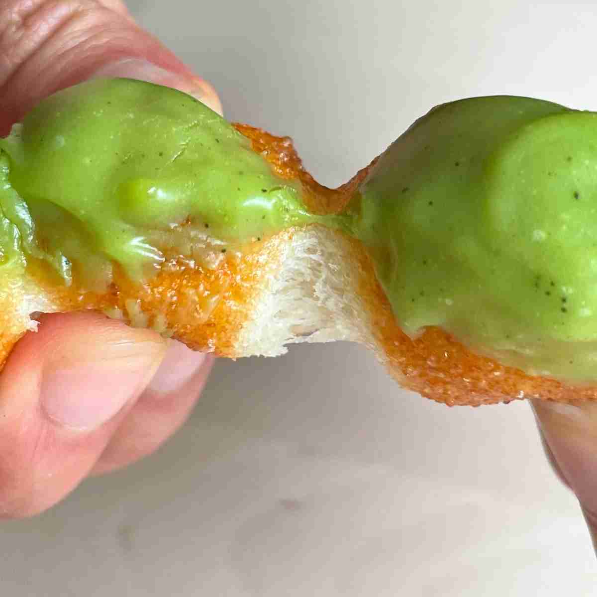Chewy matcha mochi donut texture