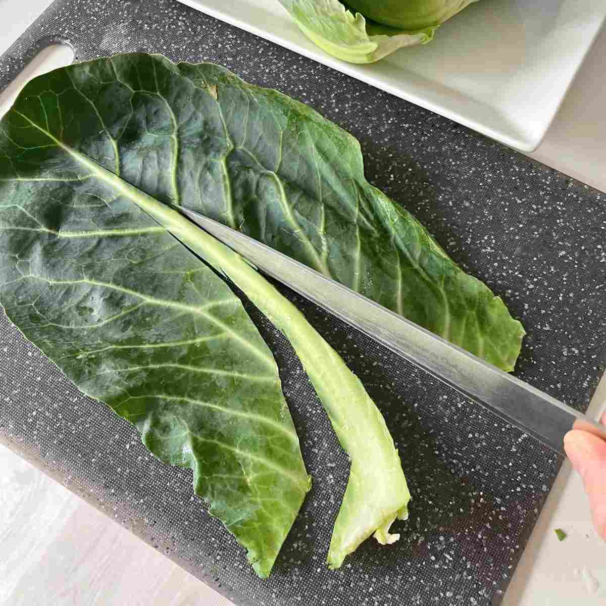 Cut out the hard centre stem cabbage leaves