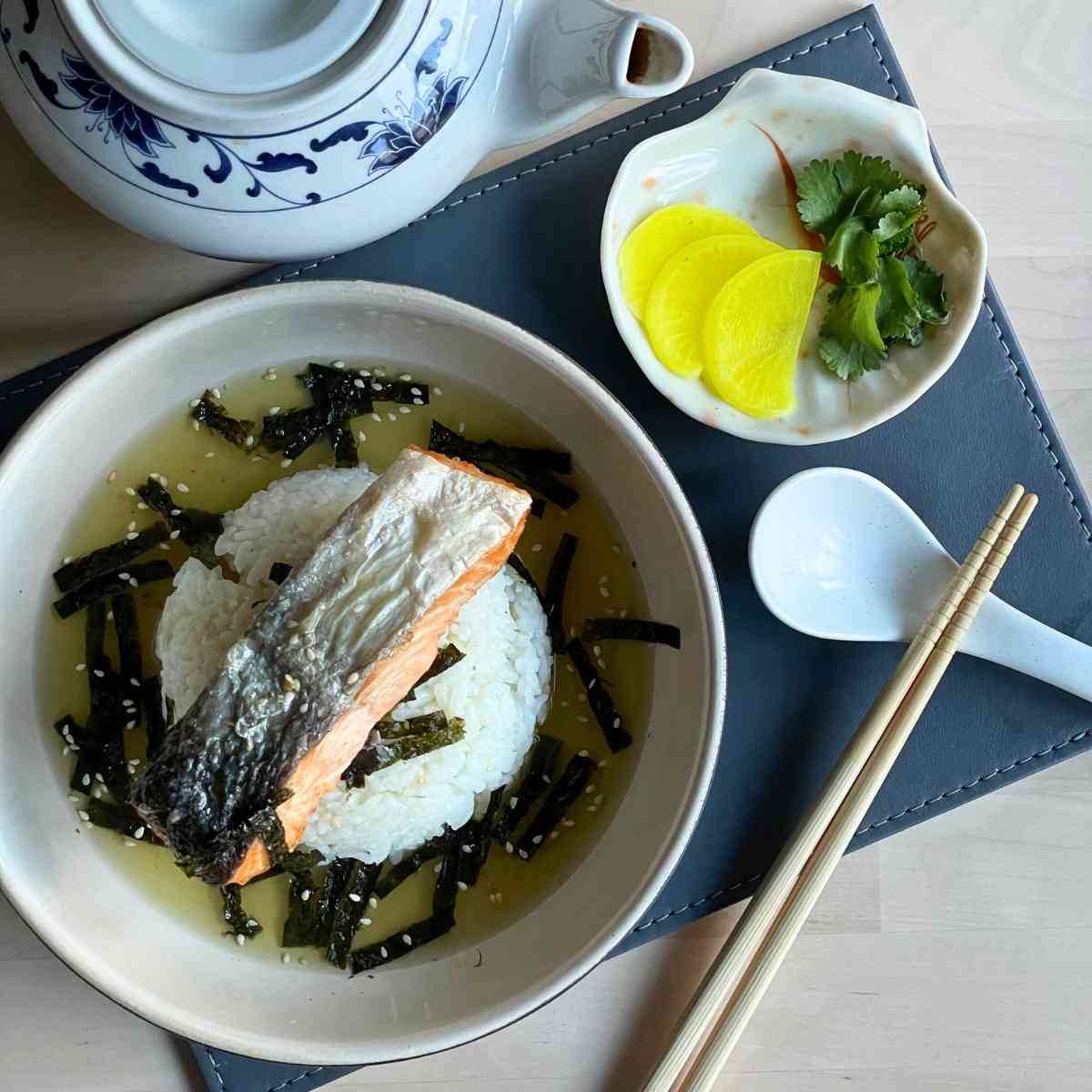 Japanese tea over rice with grilled salmon